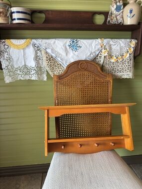 Vintage Wooden Wall Shelf with Pegs - Honey Oak Finish